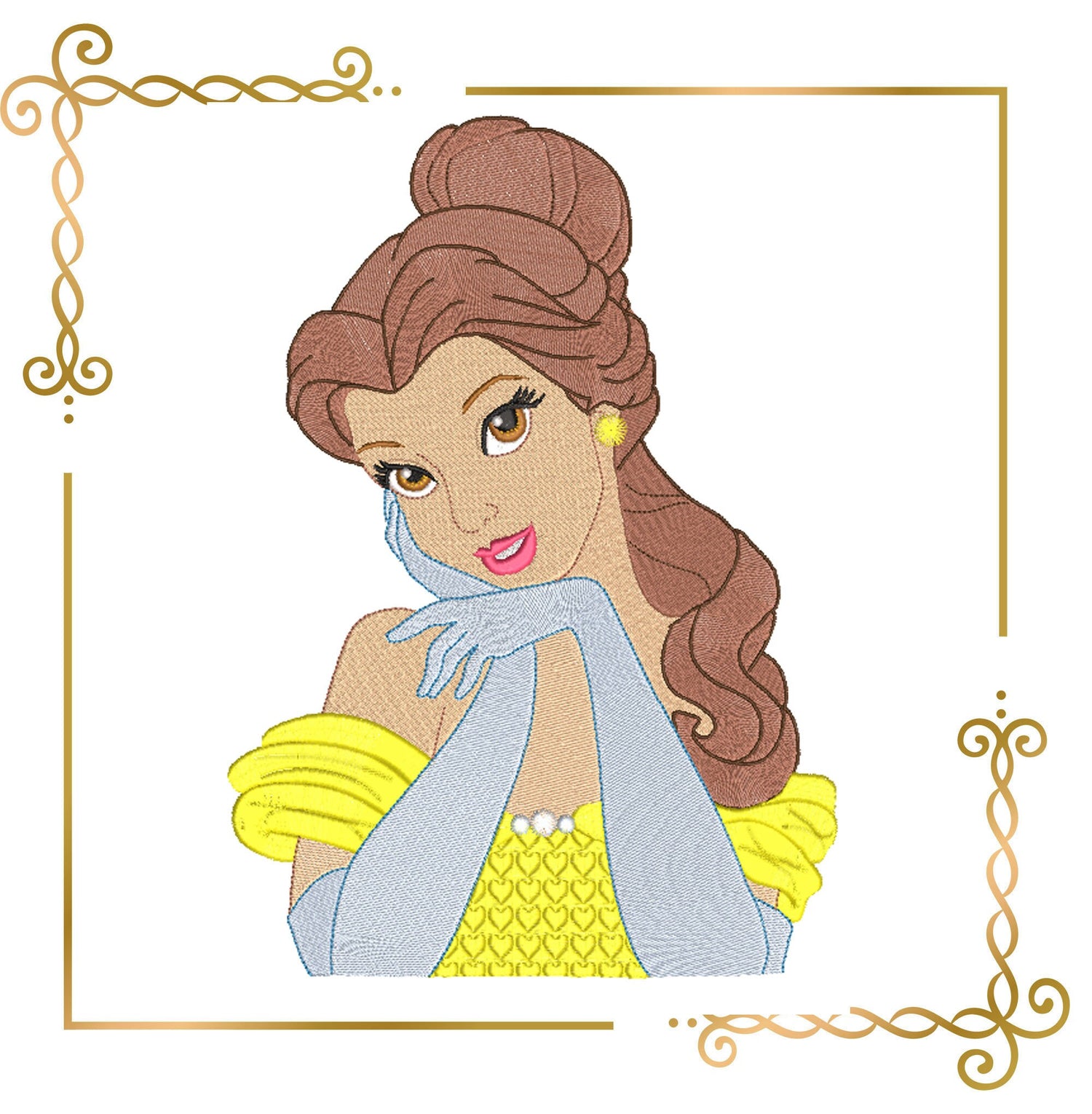 Princess Belle with a beautiful rose Disney characters embroidery design to the direct download.