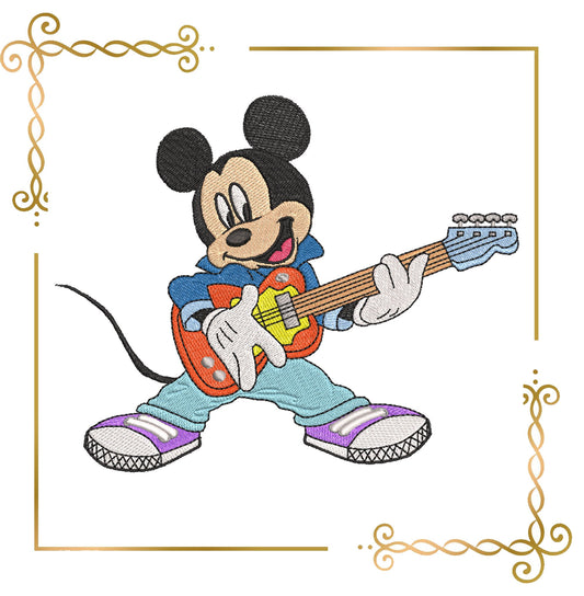 Souris joue de la guitare comme Elvis Presley Mickey Fantasy parodie motif de broderie