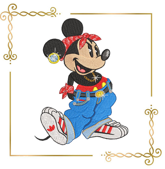 Souris avec une boucle d'oreille en baskets Motif de broderie parodie Mickey Fantasy à télécharger directement.