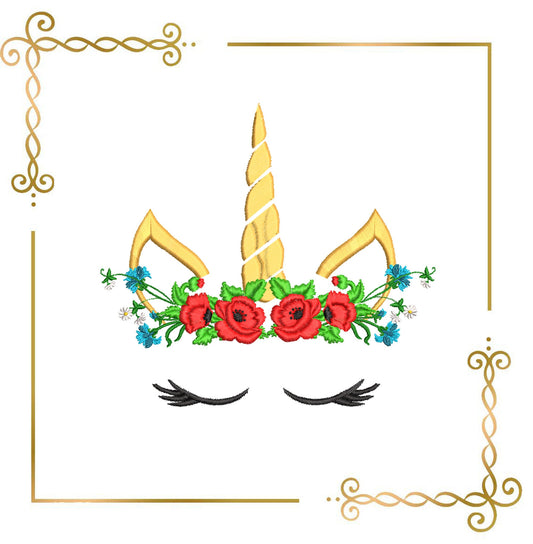 Einhornkopf mit Blumen Stickmuster zum direkten Download