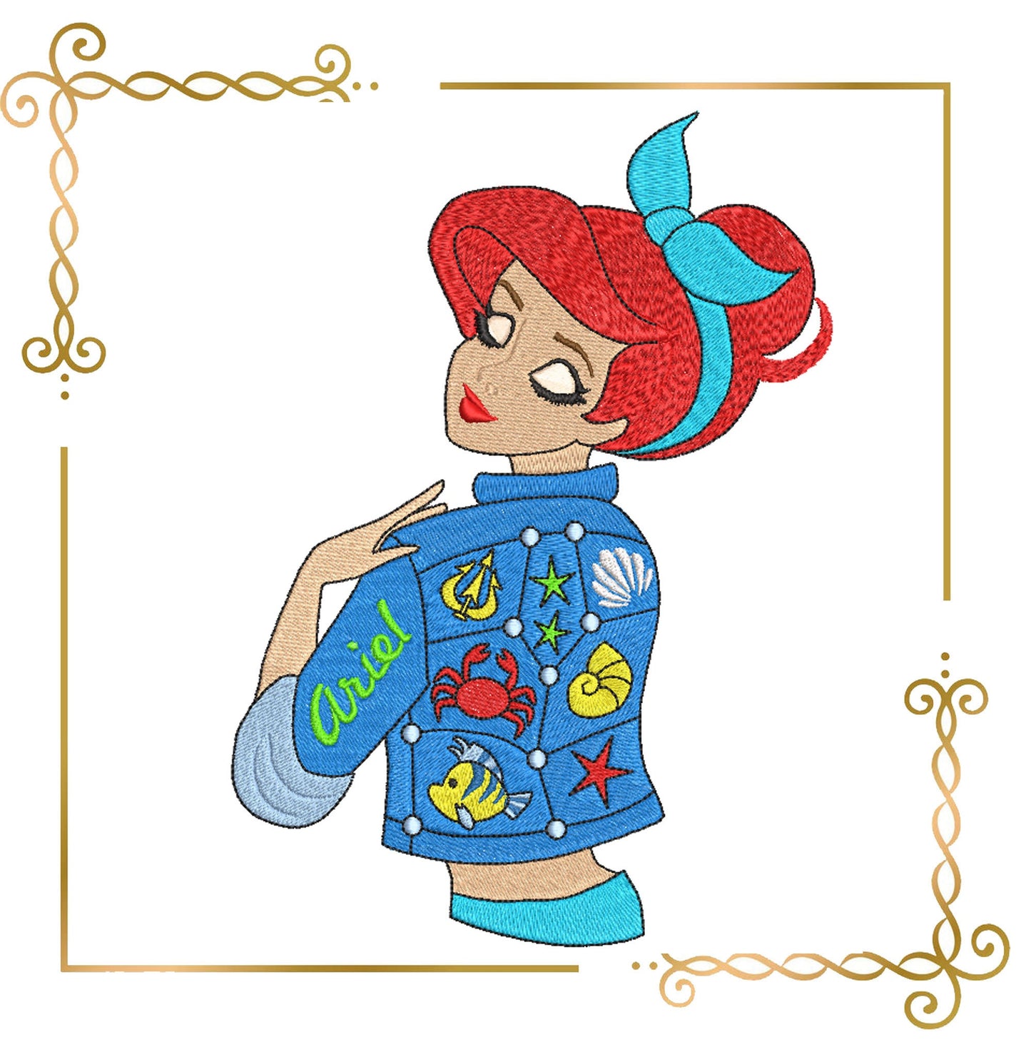 Princess  Ariel Modern denim jacket Disney character machine embroidery design 