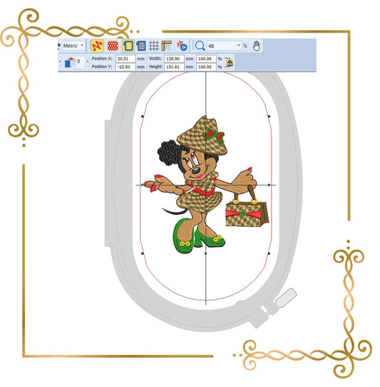 Minnie Maus, Afroamerikanerin mit Hut, Gucci-Stickerei