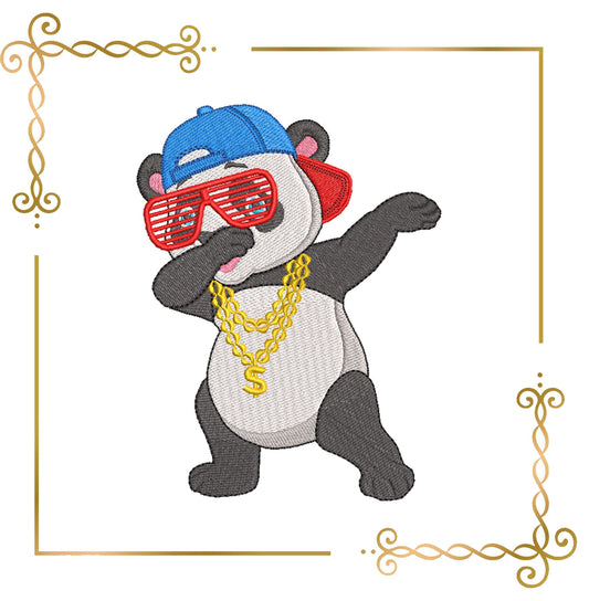 Zeichentrickfiguren Panda Rapper Stickmuster zum direkten Download Geschenk für Kind