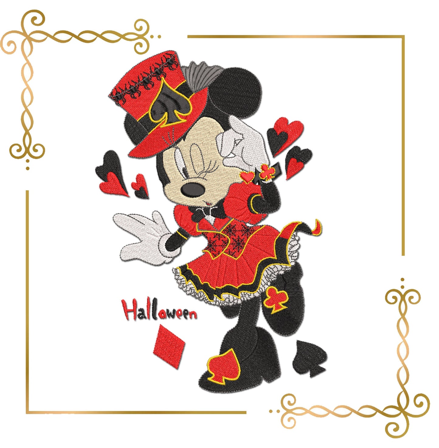 Halloween Minnie Mouse dress playing cards cylinder hat embroidery design