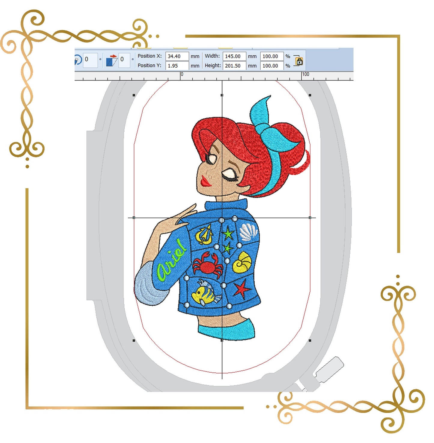 Princess  Ariel Modern denim jacket Disney character machine embroidery design 