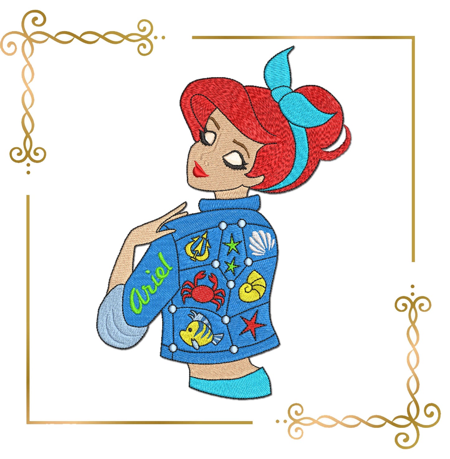 Princess  Ariel Modern denim jacket Disney character machine embroidery design 