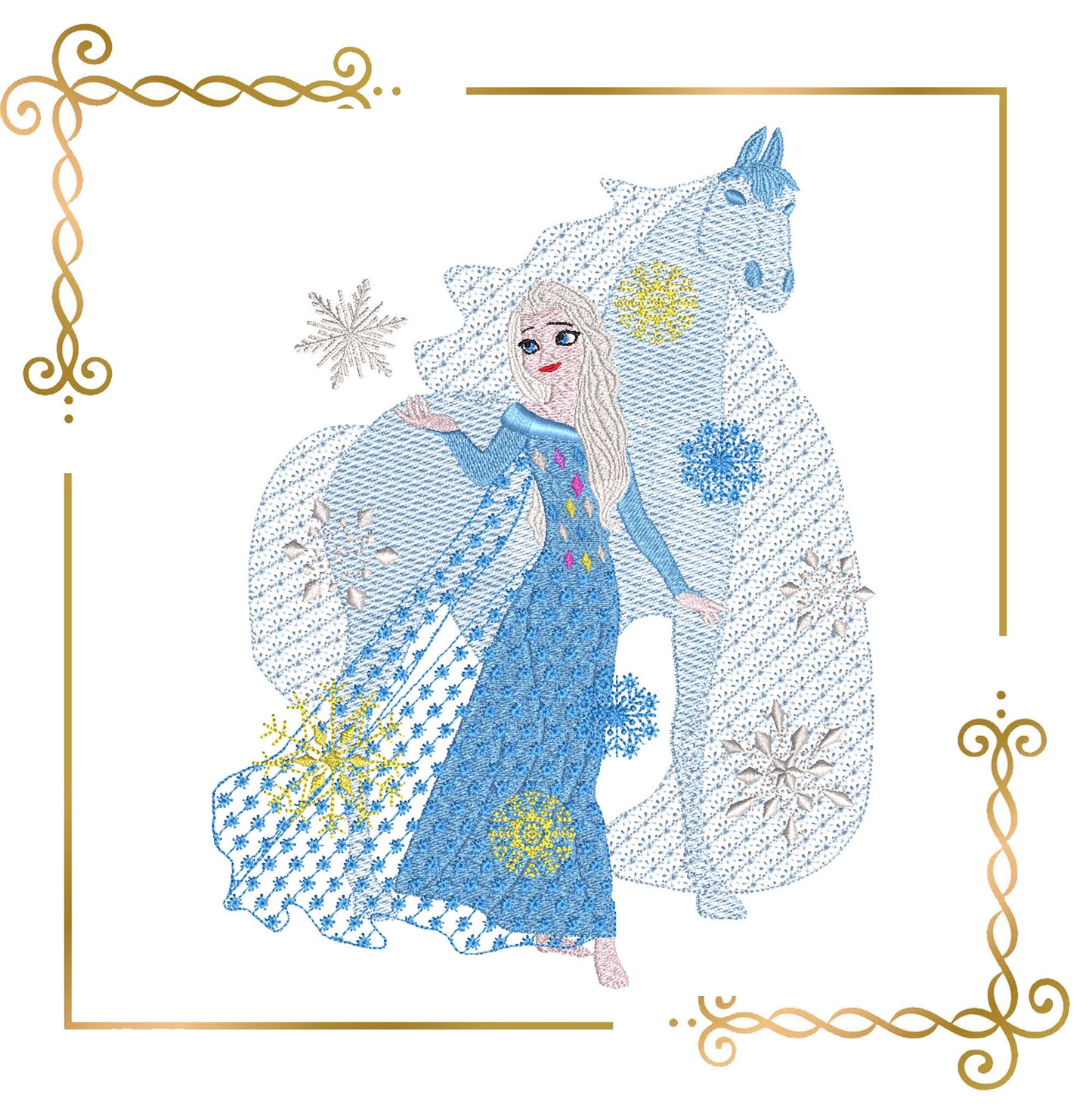 Princess Elsa rides in on a horse Nokk , Winter, Frozen, Disney character,  magic, fairy tale, Embroidery  machine design  to the direct download