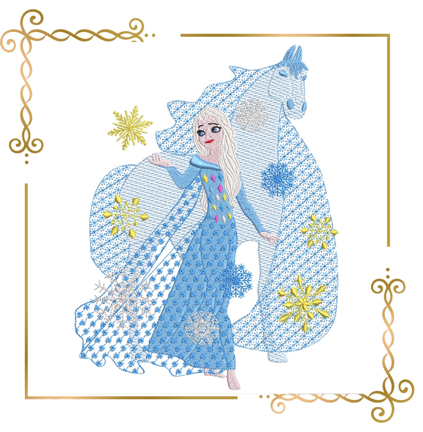 Princess Elsa rides in on a horse Nokk , Winter, Frozen, Disney character,  magic, fairy tale, Embroidery  machine design  to the direct download