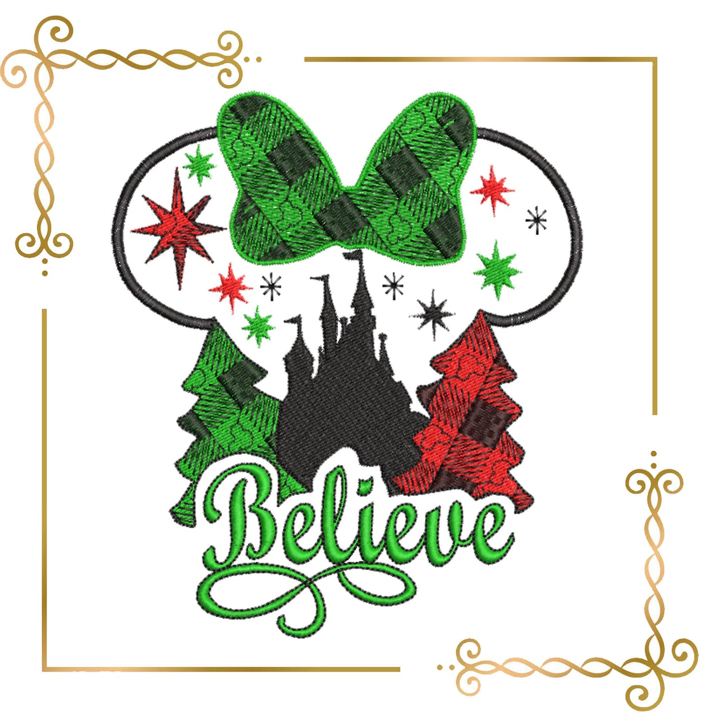 Motif de broderie Mouse Christmas Believe Christmas Tree and Castle à télécharger directement