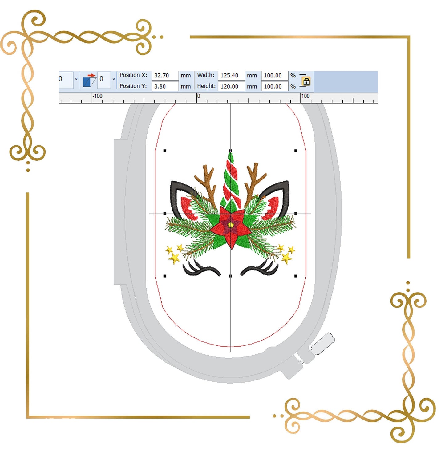 Motif de broderie Licorne Noël 2 tailles gui et une branche de sapin de Noël à télécharger directement