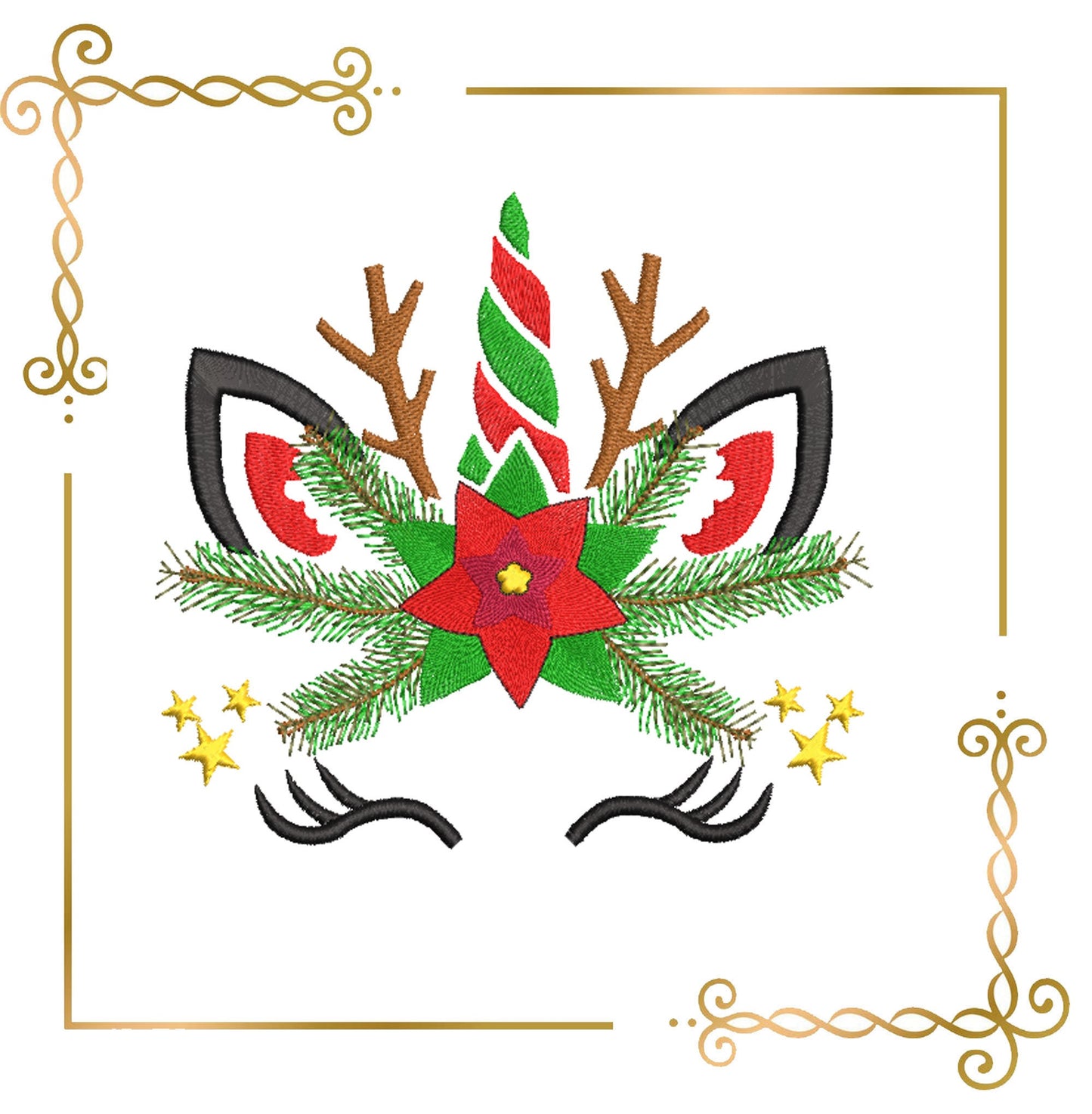 Motif de broderie Licorne Noël 2 tailles gui et une branche de sapin de Noël à télécharger directement