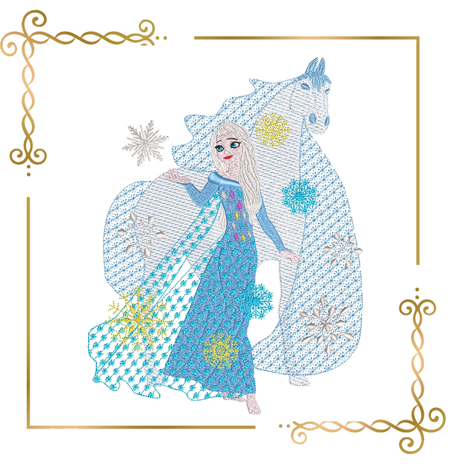 Princess Elsa rides in on a horse Nokk , Winter, Frozen, Disney character,  magic, fairy tale, Embroidery  machine design  to the direct download