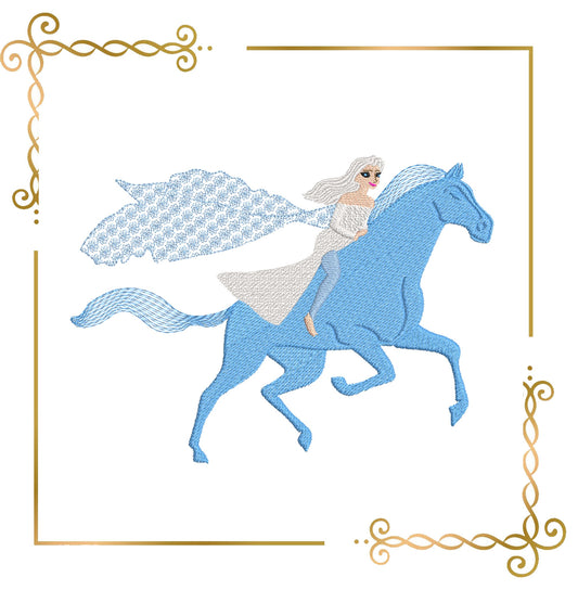 Princess Elsa rides in on a horse Nokk , Winter, Frozen, Disney character,  magic, fairy tale, Embroidery  machine design  to the direct download