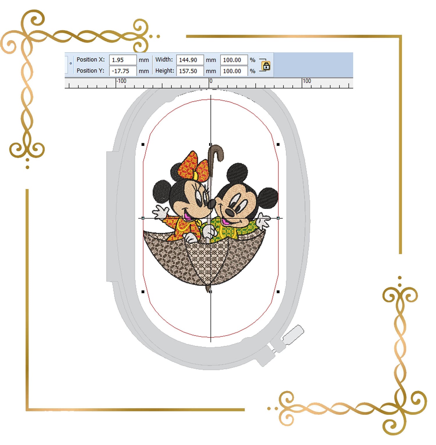 Mickey and Minnie in an umbrella  Fantasy  parody embroidery design to the direct download.