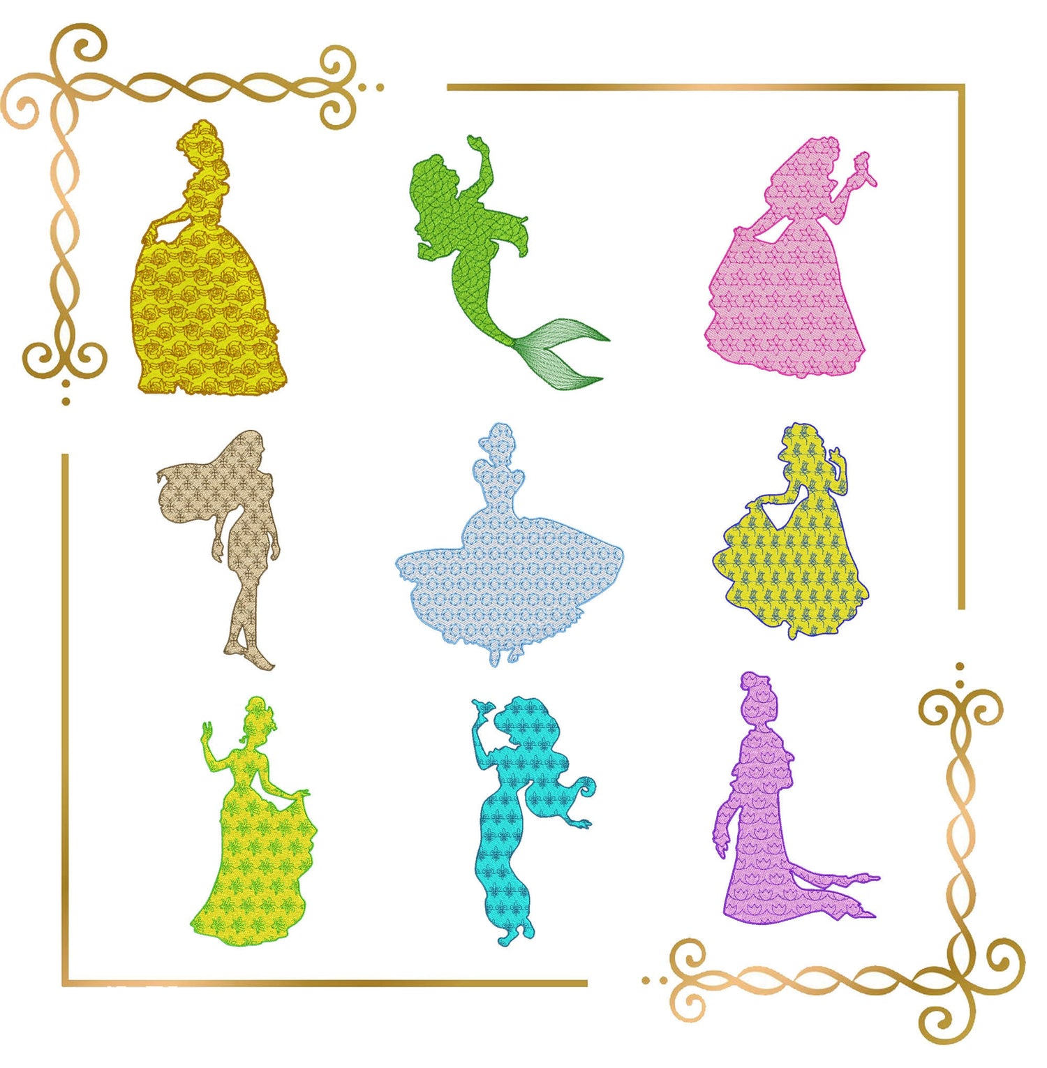 Princess Disney Characters  silhouettes  SET 9 Princesses machine embroidery design 