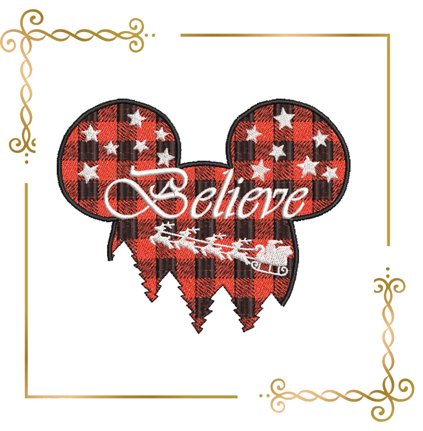 Mouse Christmas Believe Santa Claus in a sleigh 3 Sizes embroidery design to the direct download