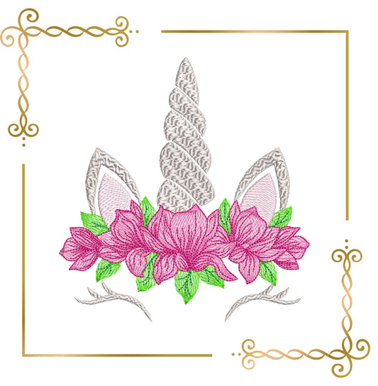 Einhornkopf mit Blumen Stickmuster 2 Größen zum direkten Download