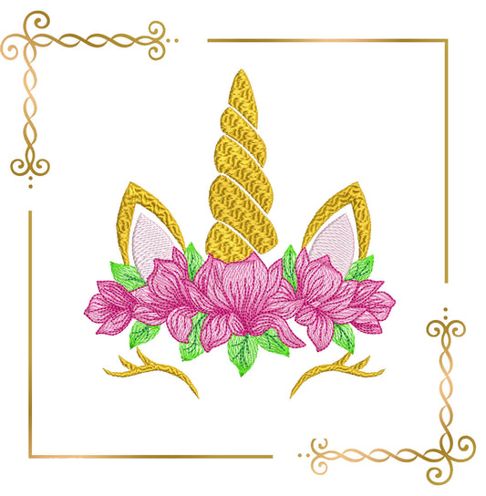 Einhornkopf mit Blumen Stickmuster 2 Größen zum direkten Download