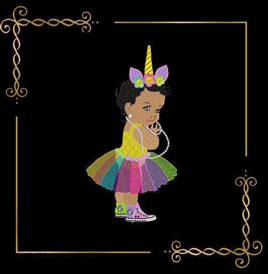 Princess Baby vintage girl  with a crown Unicorn wearing sneakers and beads embroidery design on direct download