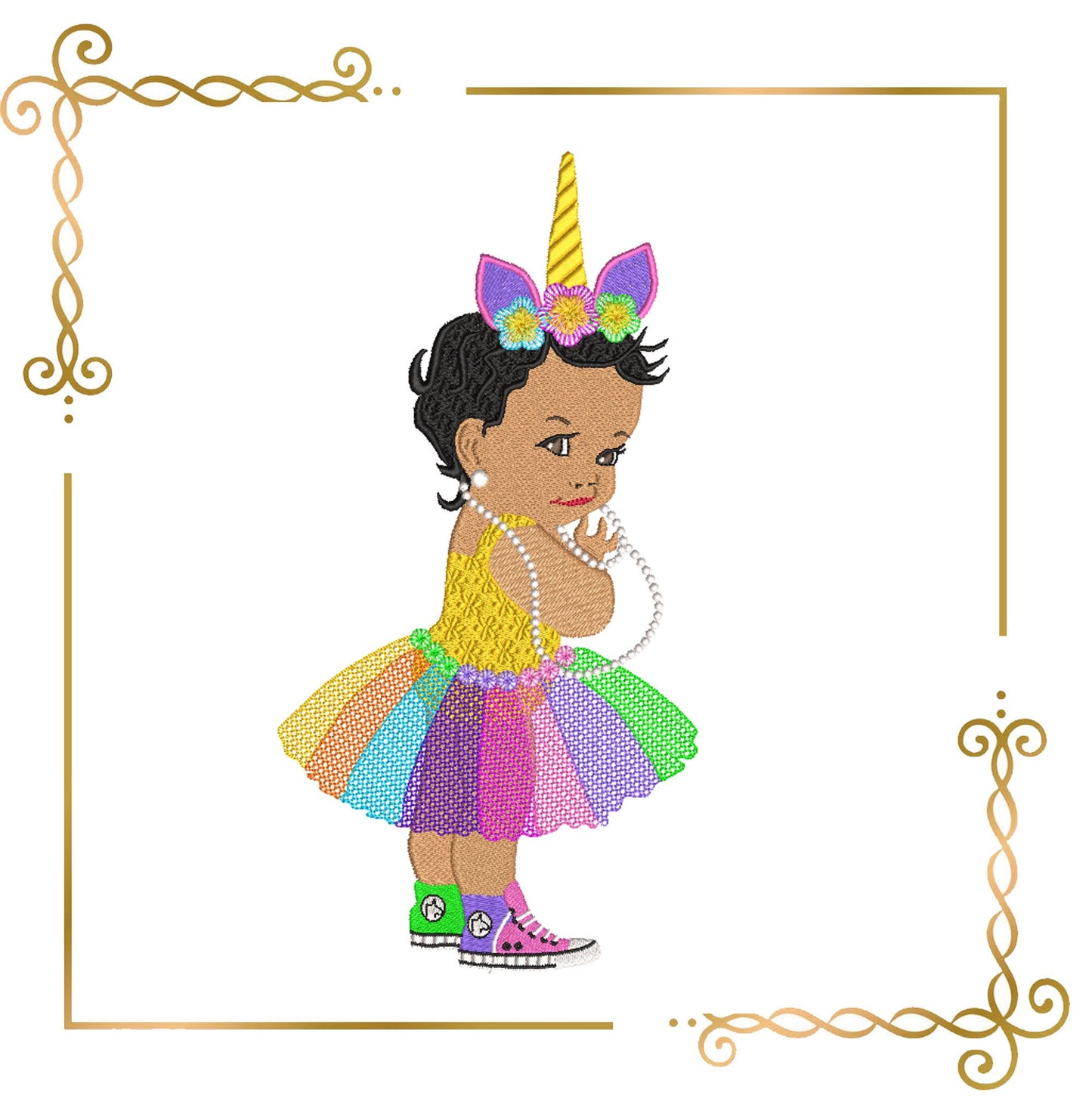 Princess Baby vintage girl  with a crown Unicorn wearing sneakers and beads embroidery design on direct download