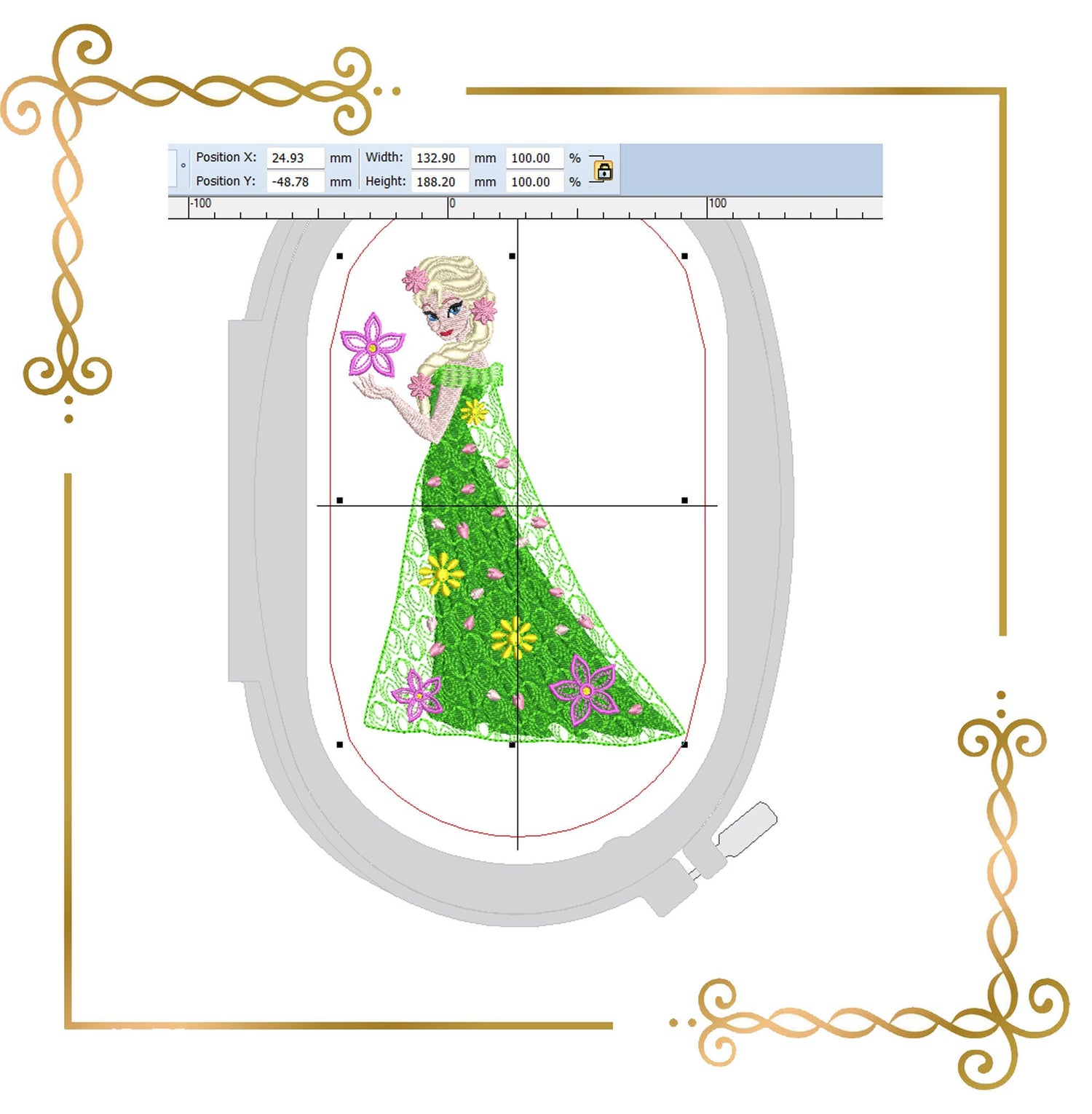 Princess Elsa Frozen Spring with beautiful flowers springtime Disney character, Embroidery  machine design  to the direct download.