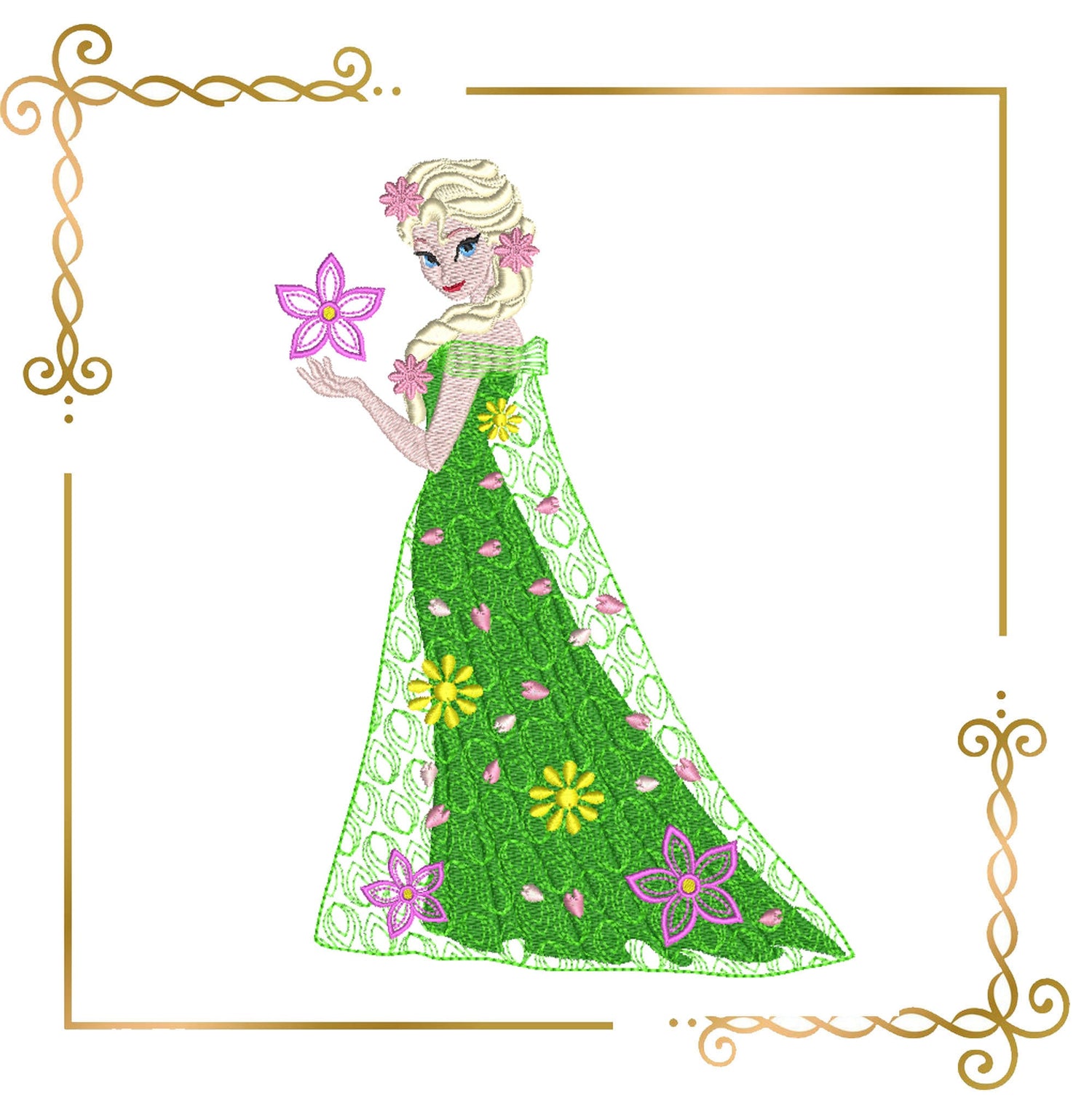 Princess Elsa Frozen Spring with beautiful flowers springtime Disney character, Embroidery  machine design  to the direct download.