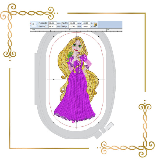 Princess Rapunzel Disney character in a pretty dress and Pascal the chameleon embroidery design to the direct download