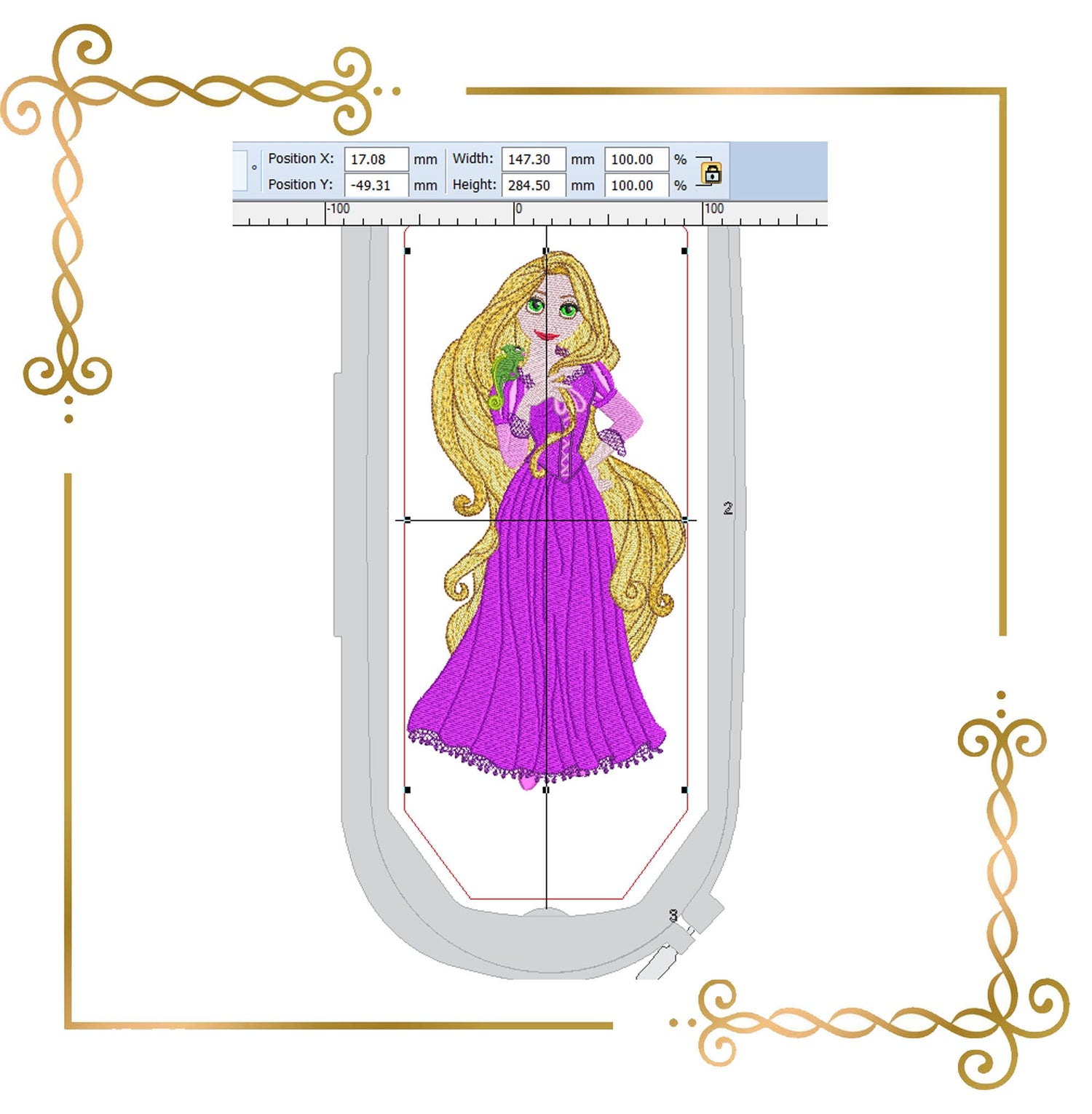 Princess Rapunzel Disney character in a pretty dress and Pascal the chameleon embroidery design to the direct download