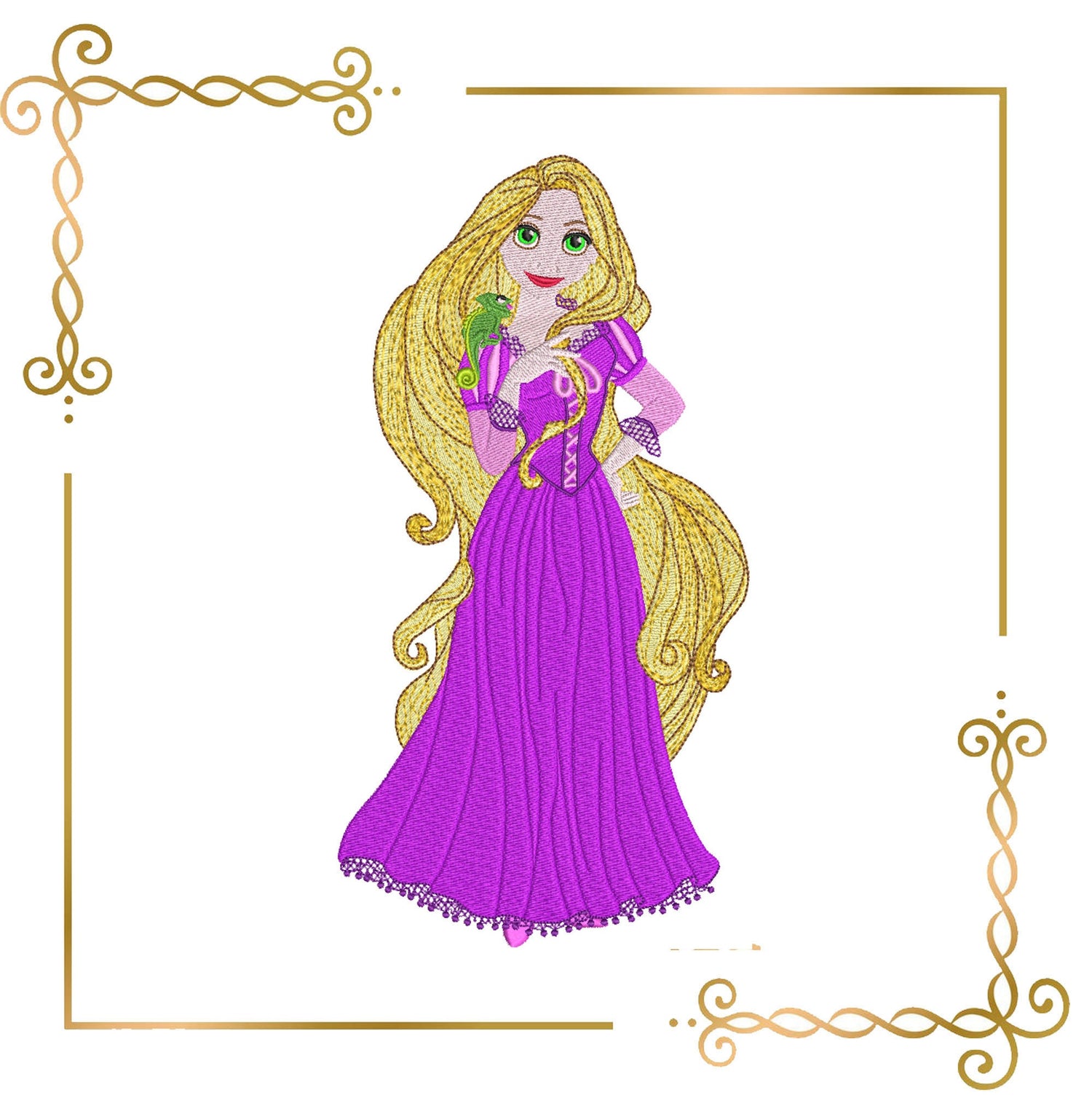Princess Rapunzel Disney character in a pretty dress and Pascal the chameleon embroidery design to the direct download