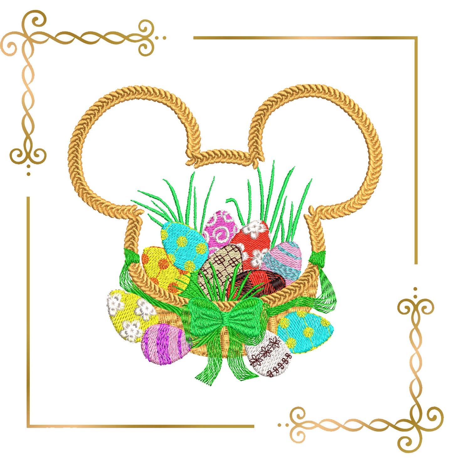 Mickey Mouse Head Happy Easter basket of eggs Happy Easter machine embroidery design 