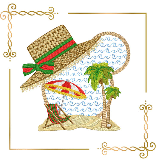 Maus, Kopf, Strand, Palmen, Meer, Minnie, Stickerei zum direkten Download.