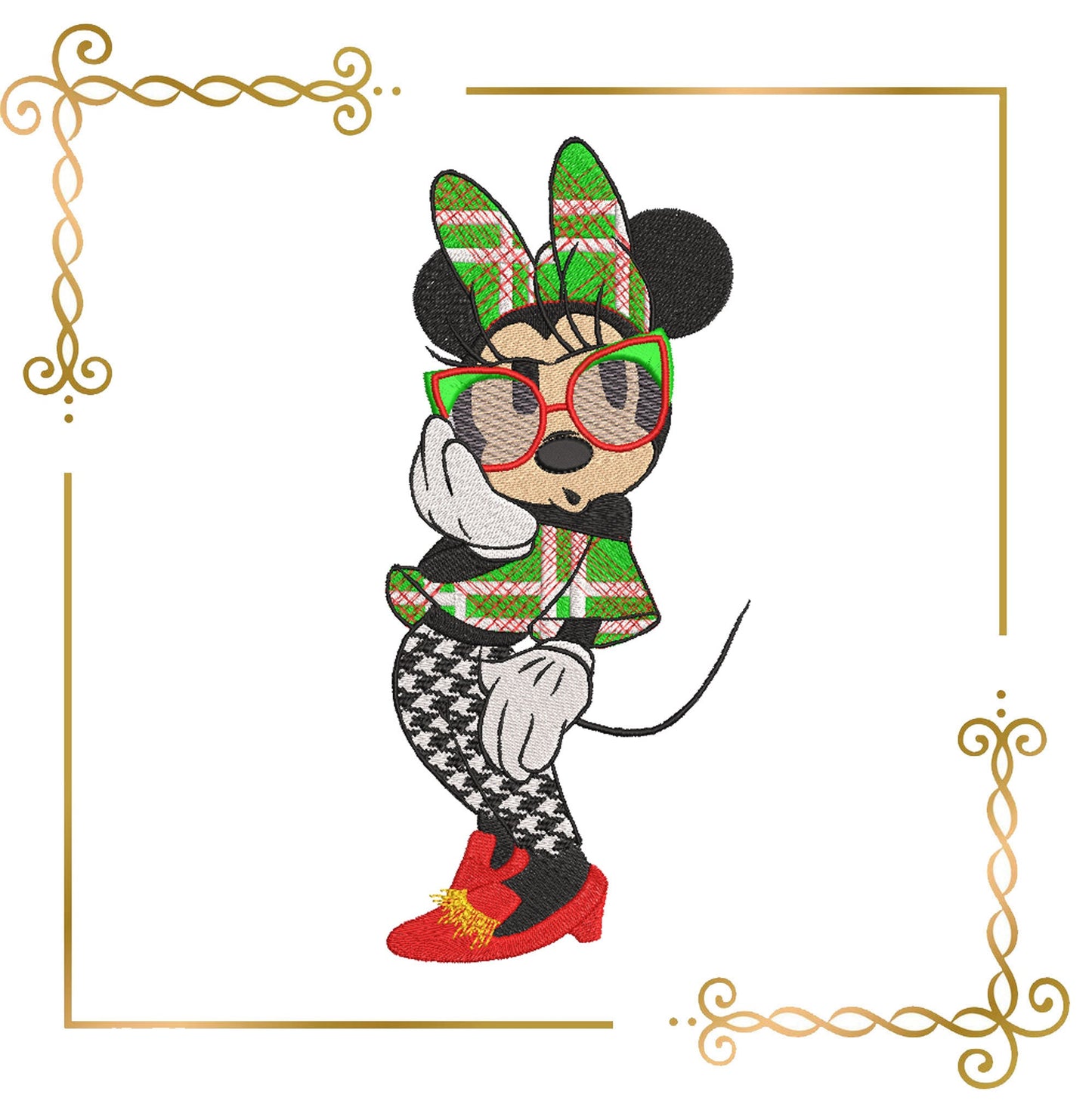 Maus, Fashionista, Fantasy, Minnie mit Brille und ausgefallene Klamotten, Parodie Stickmuster zum direkten Download.