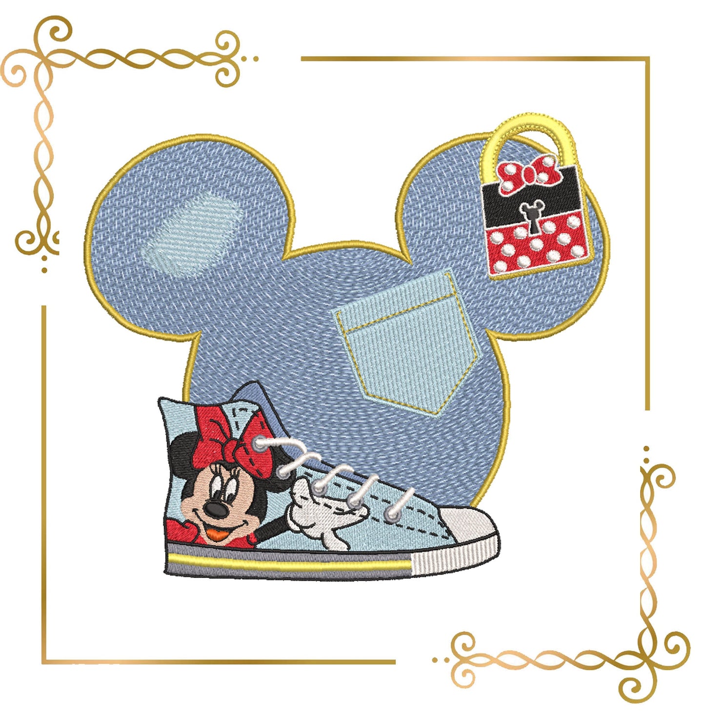 Minnie, tête, jeans, baskets, fantaisie, parodie, motif de broderie. au téléchargement direct.