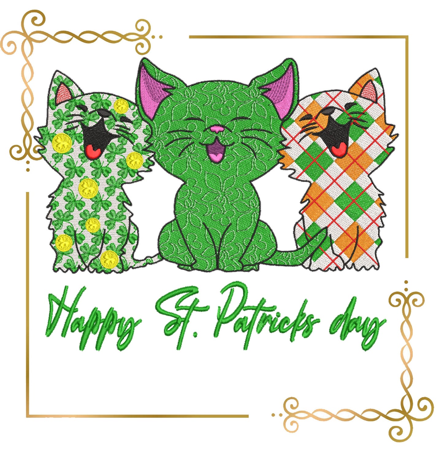 Sankt Patrick's day, Super Fashion Kitties,  cartoon character, 2 Sizes embroidery design to the direct download.