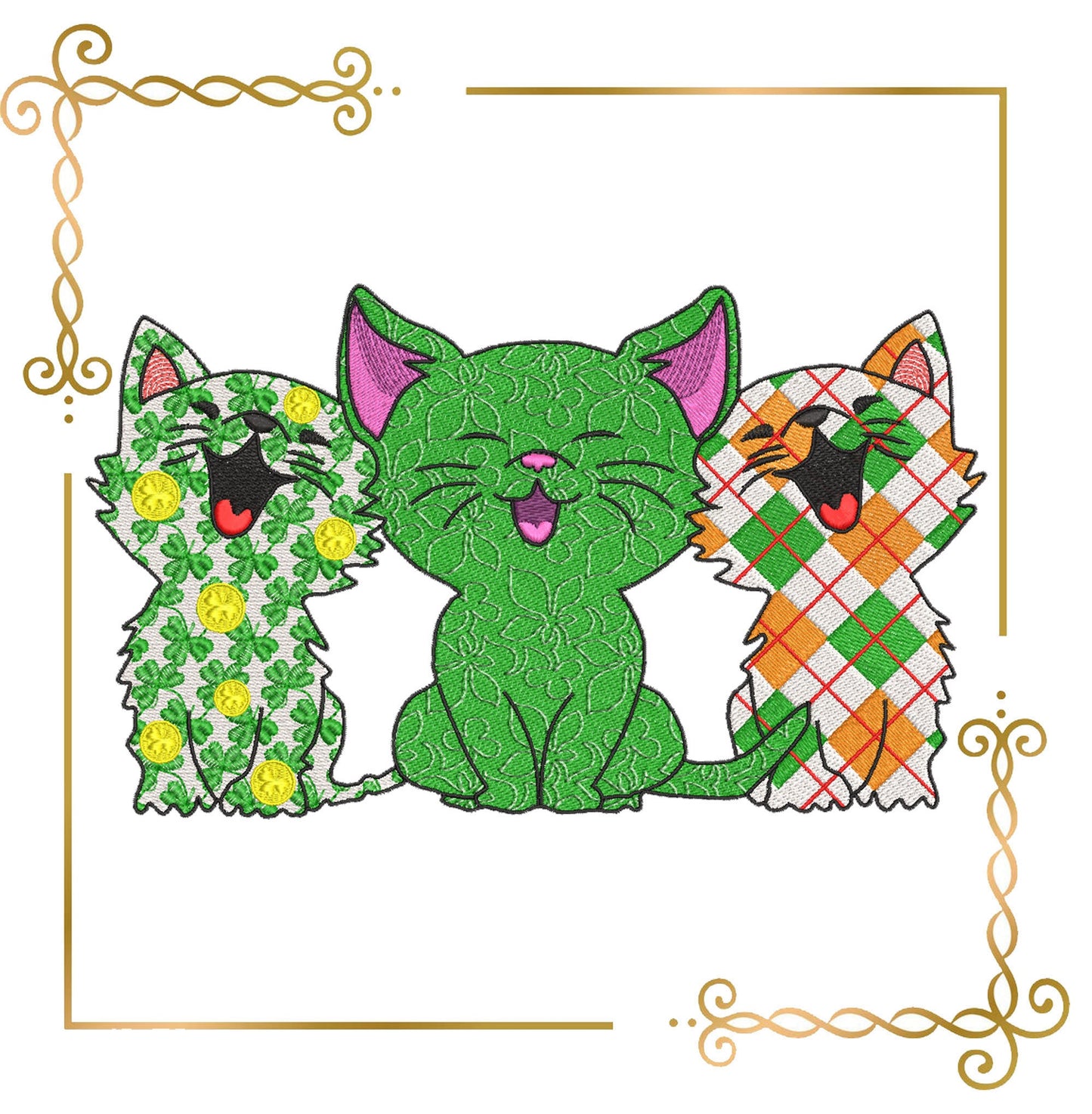 Sankt Patrick's day, Super Fashion Kitties,  cartoon character, 2 Sizes embroidery design to the direct download.