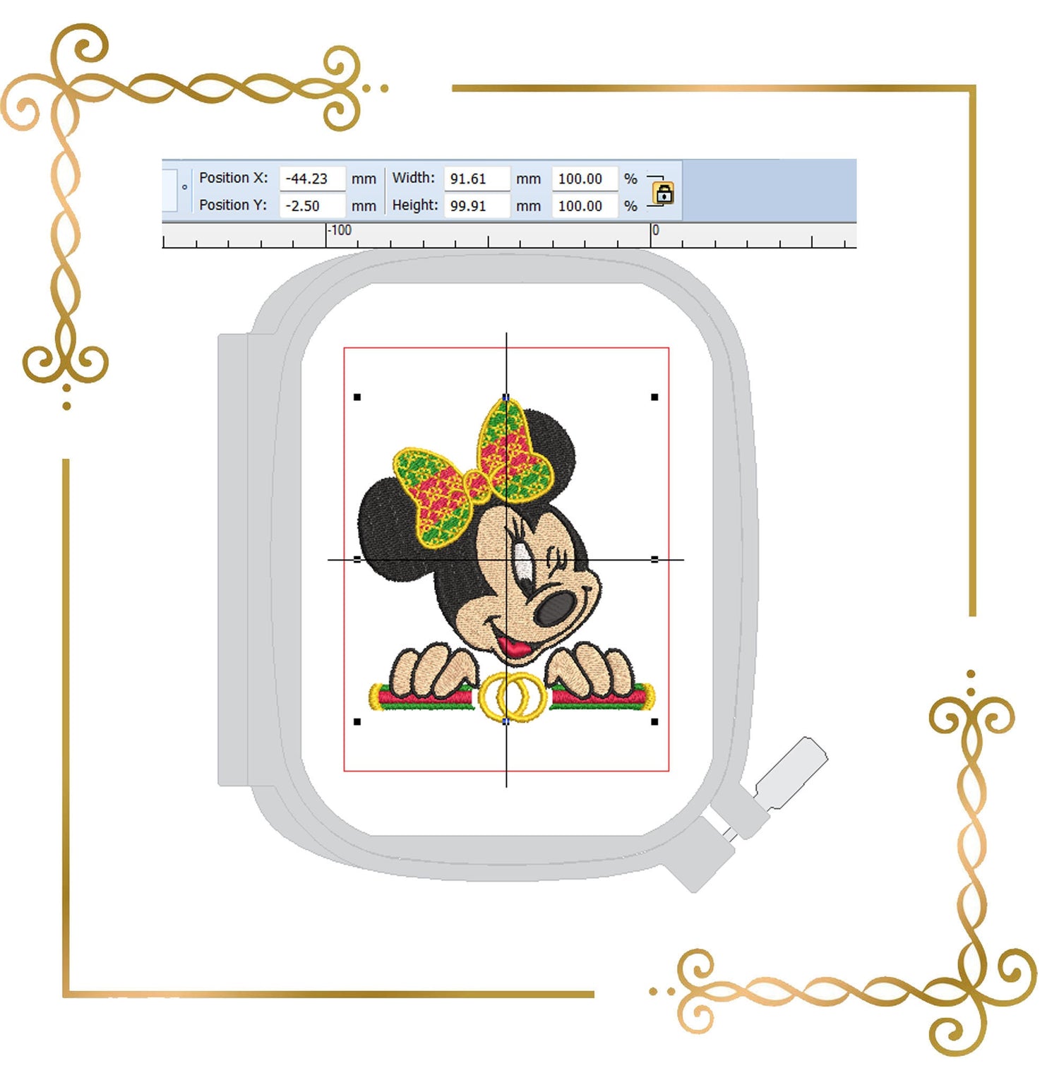 Minnie Mouse winking cartoon character Fashionista Disney Gucci machine embroidery design