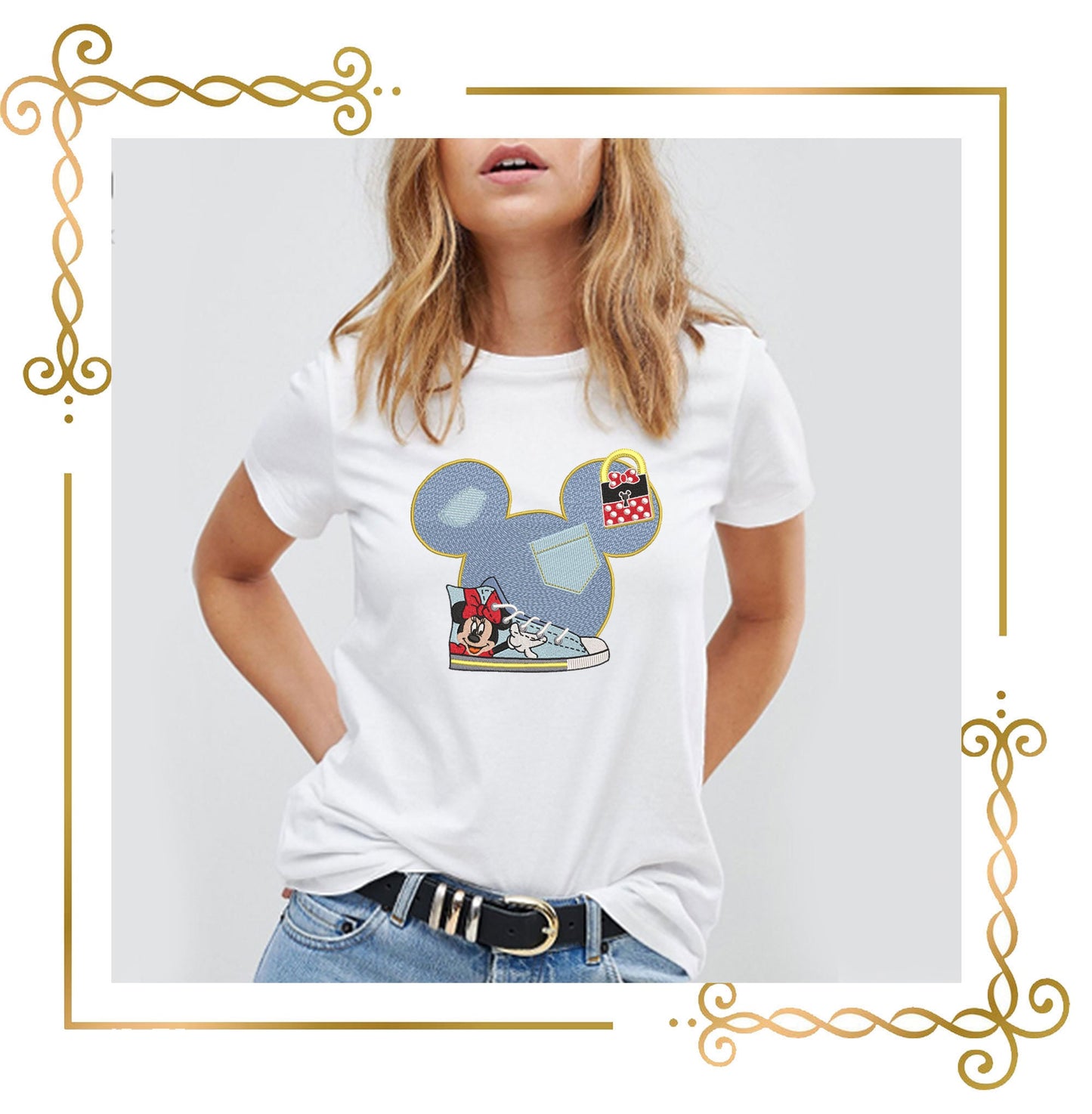 Minnie, Kopf, Jeans, Turnschuhe, Fantasy, Parodie, Stickmuster. zum direkten Download.