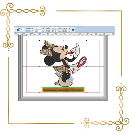 Maus, Fashionista, Minnie mit Spiegel, Fantasy, verkleidet, Parodie, Stickmuster zum direkten Download.