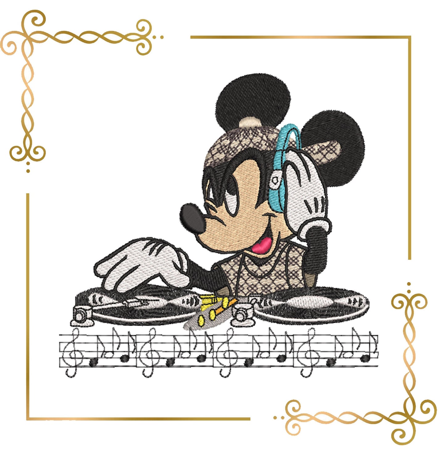 Mouse DJ, Mickey, mit Noten, 3 Optionen, Fantasy, Parodie, Stickmuster zum direkten Download.