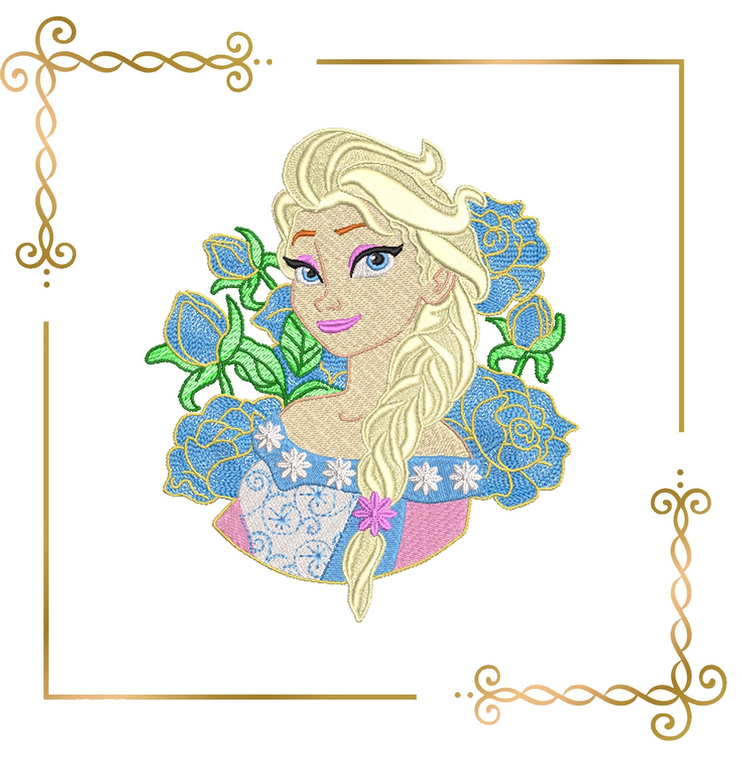 Princess Elsa Frozen Disney character flowers machine embroidery design