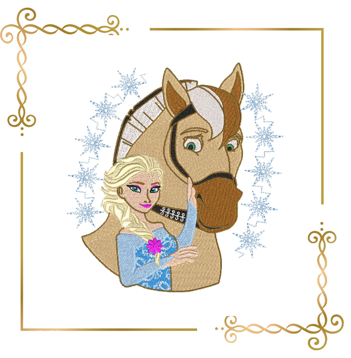 Princesse Elsa et le Cheval, Frozen, 2 Tailles, motif de broderie à télécharger directement.