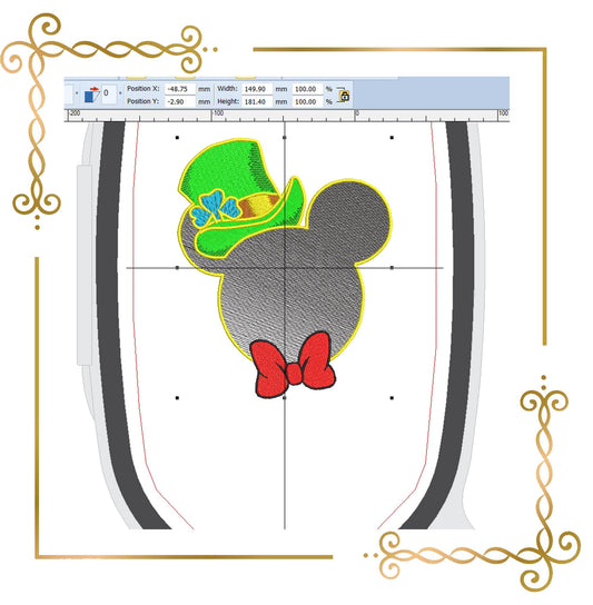 Sankt Patrick's Day, Mouse Fantasy, Sankt Patrick's Day, Micky im Hut, 2 Größen Parodie Stickmuster zum direkten Download.