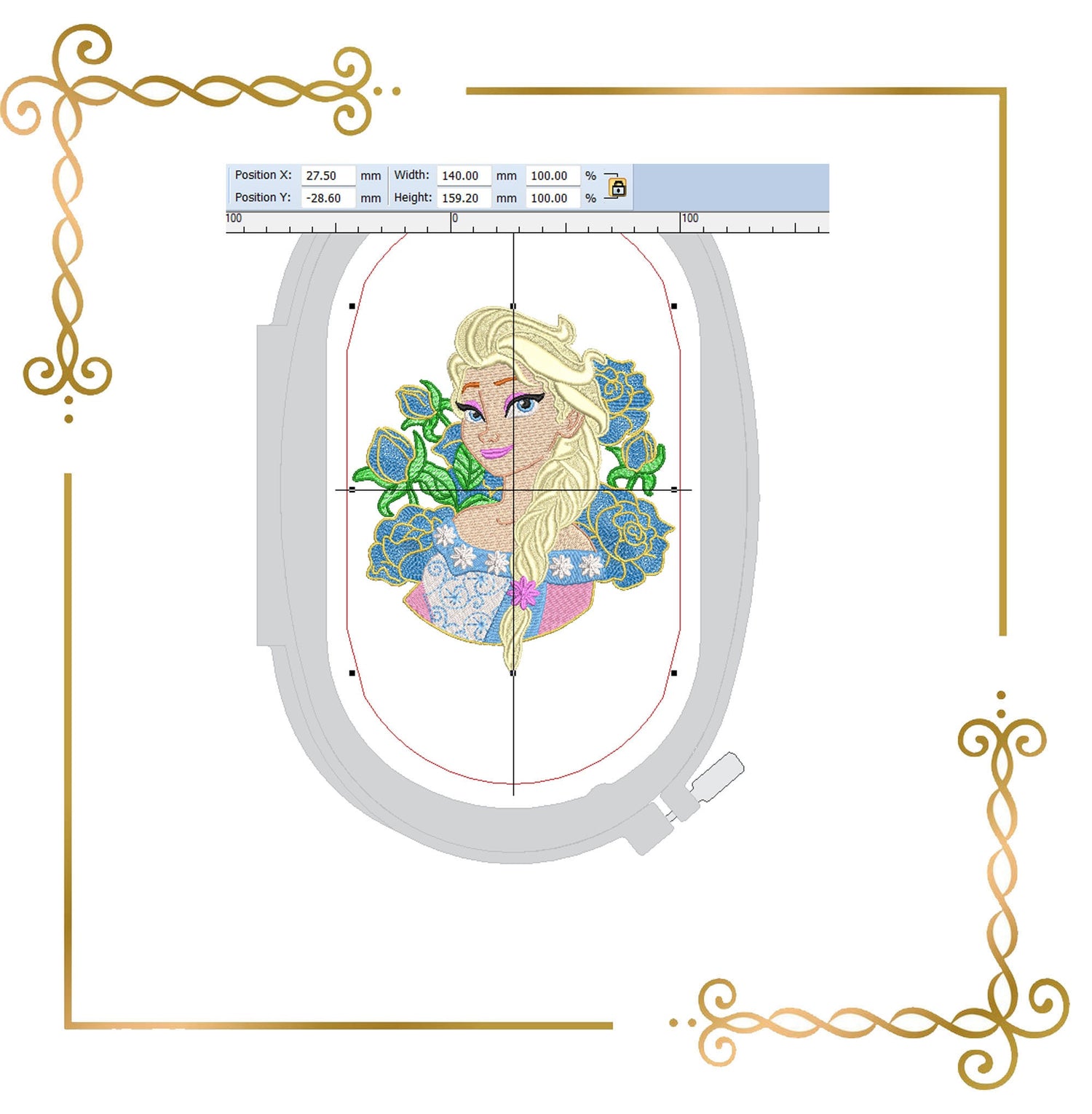 Princess Elsa Frozen Disney character flowers machine embroidery design