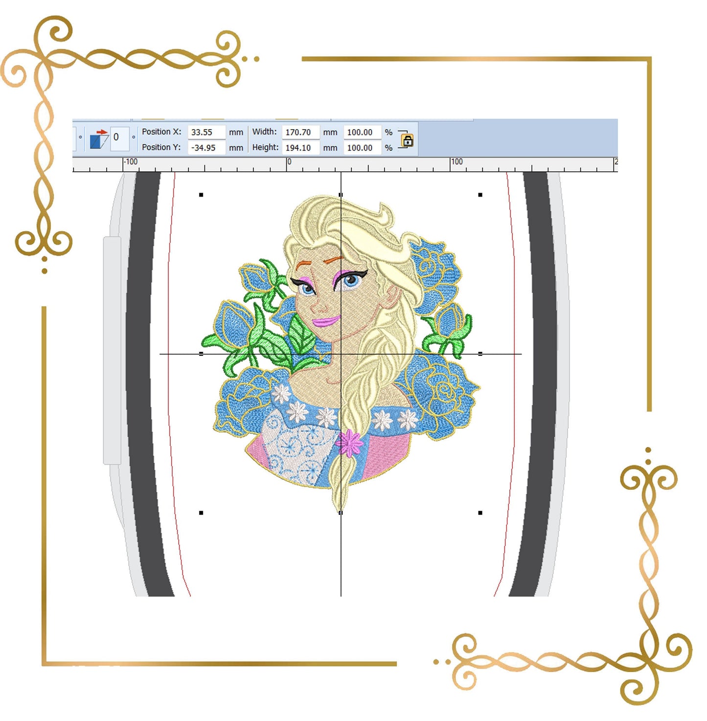 Princess Elsa, Winter, Frozen, Disney character, flowers, magic, fairy tale, Embroidery  machine design  to the direct download