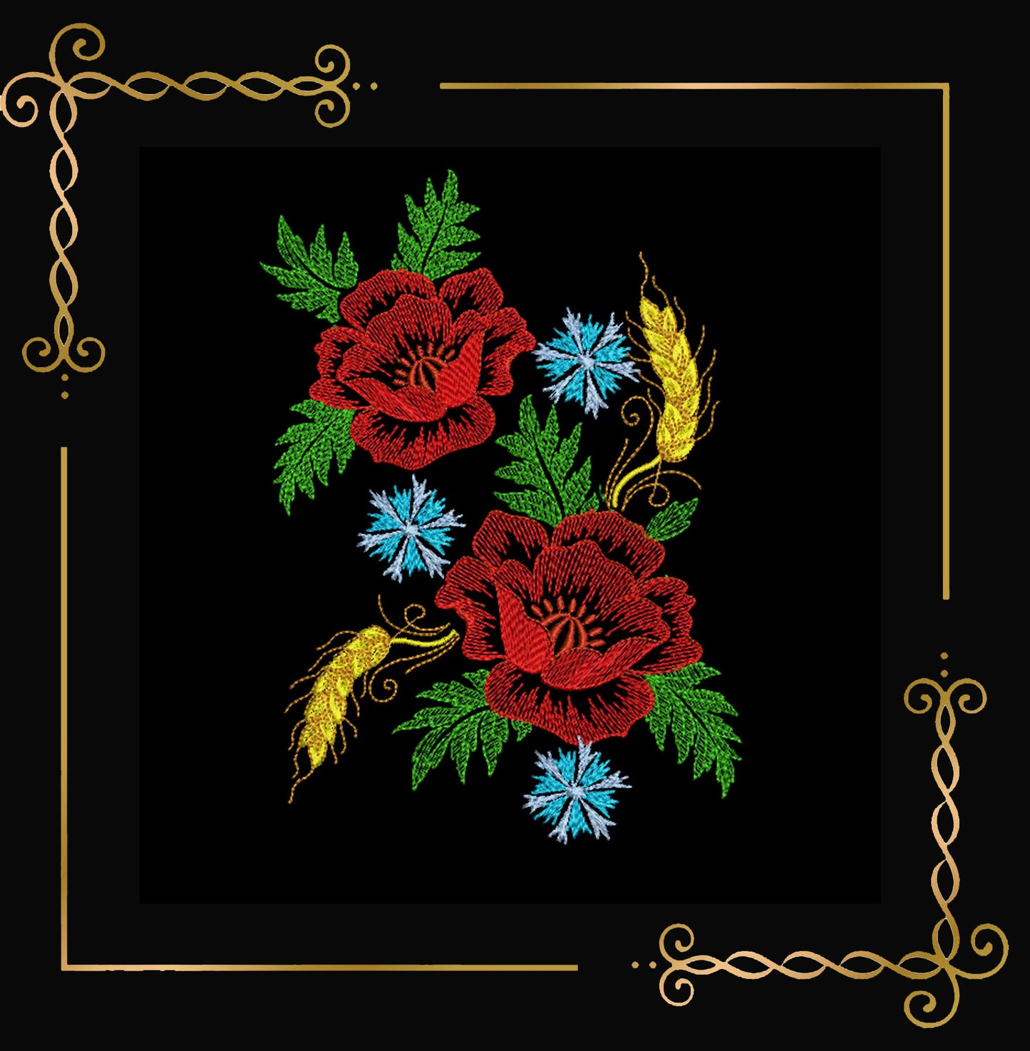 Flowers Red poppies, cornflowers,  wheat spikelets, embroidery design to the direct download.