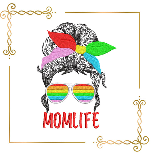 Gift design Mother's day, Mom Life Hair, Rainbow, glasses, 2 Sizes, 2 variants, Embroidery design to the direct download.