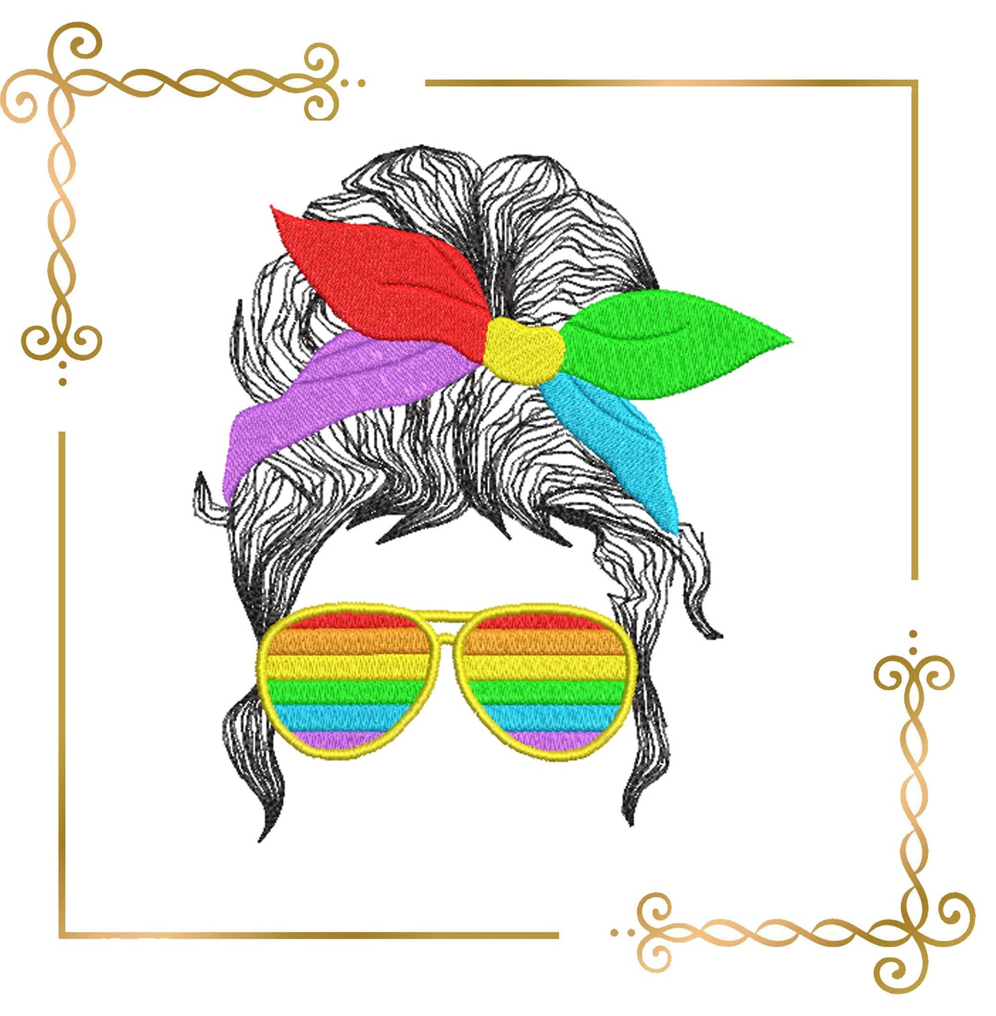 Muttertag, Mom Life Haar, Regenbogen, Brille, 2 Größen, 2 Varianten, Stickmuster zum direkten Download.