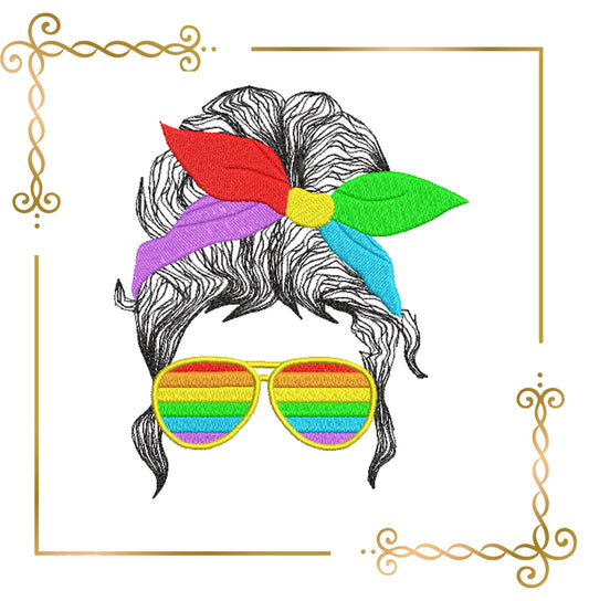 Muttertag, Mom Life Haar, Regenbogen, Brille, 2 Größen, 2 Varianten, Stickmuster zum direkten Download.