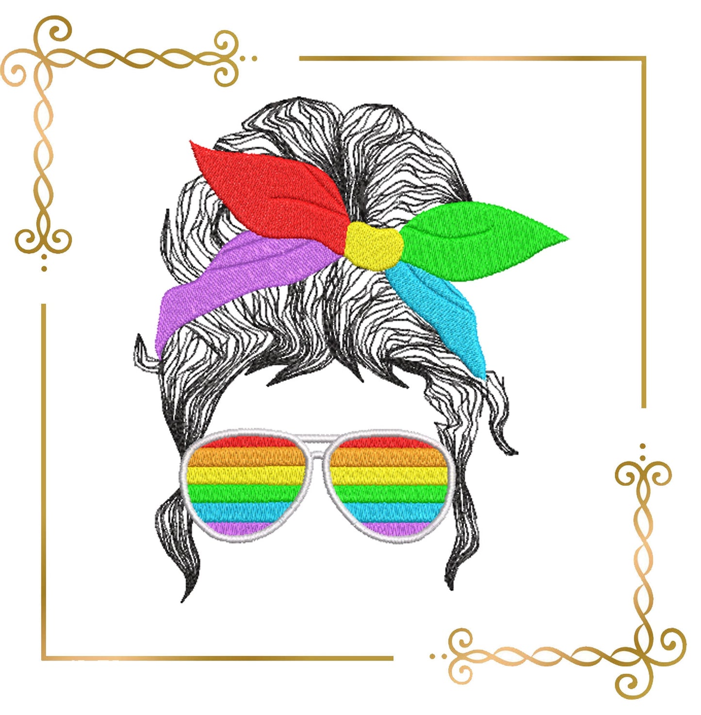 Muttertag, Mom Life Haar, Regenbogen, Brille, 2 Größen, 2 Varianten, Stickmuster zum direkten Download.