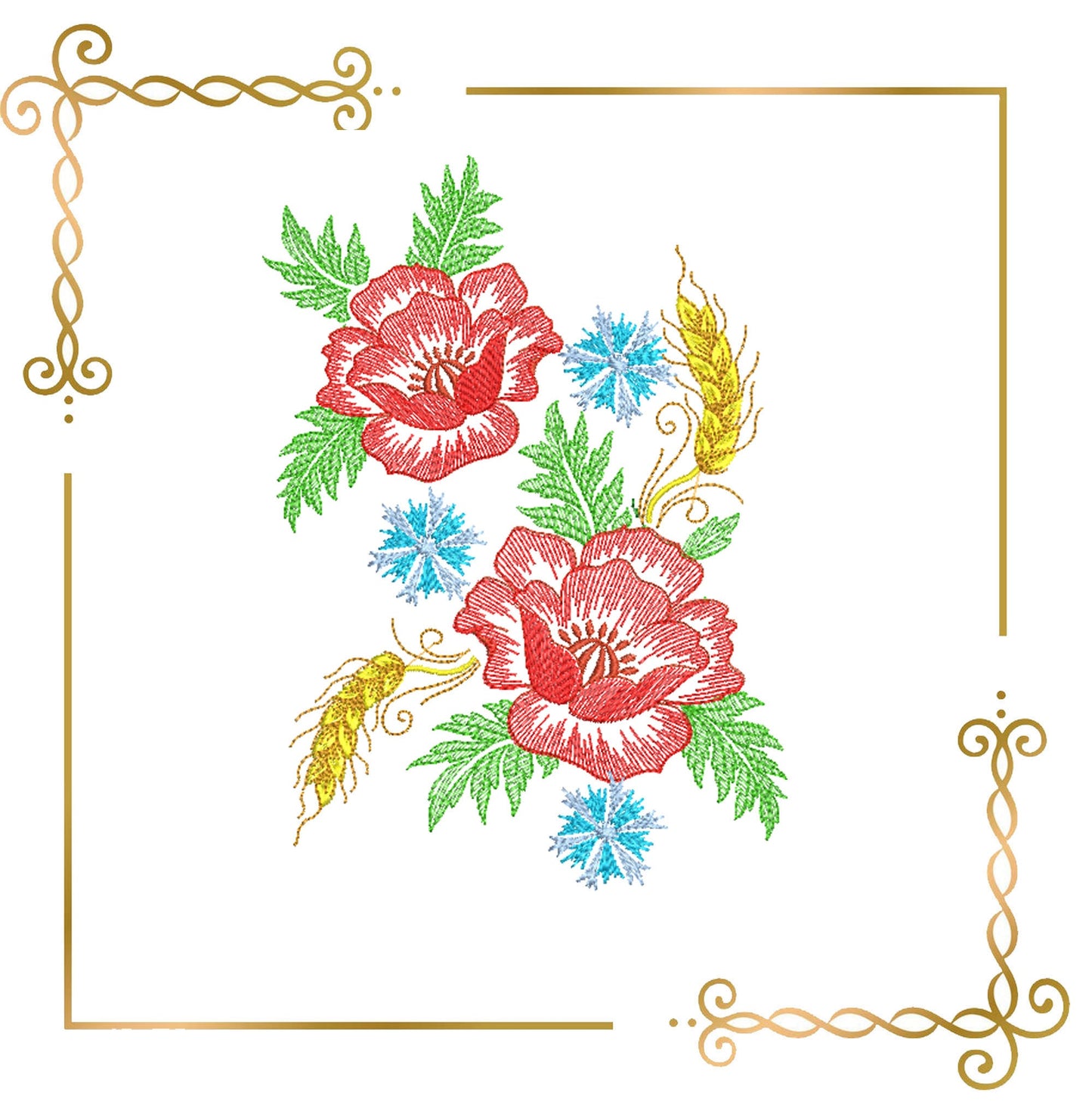 Flowers Red poppies, cornflowers,  wheat spikelets, embroidery design to the direct download.